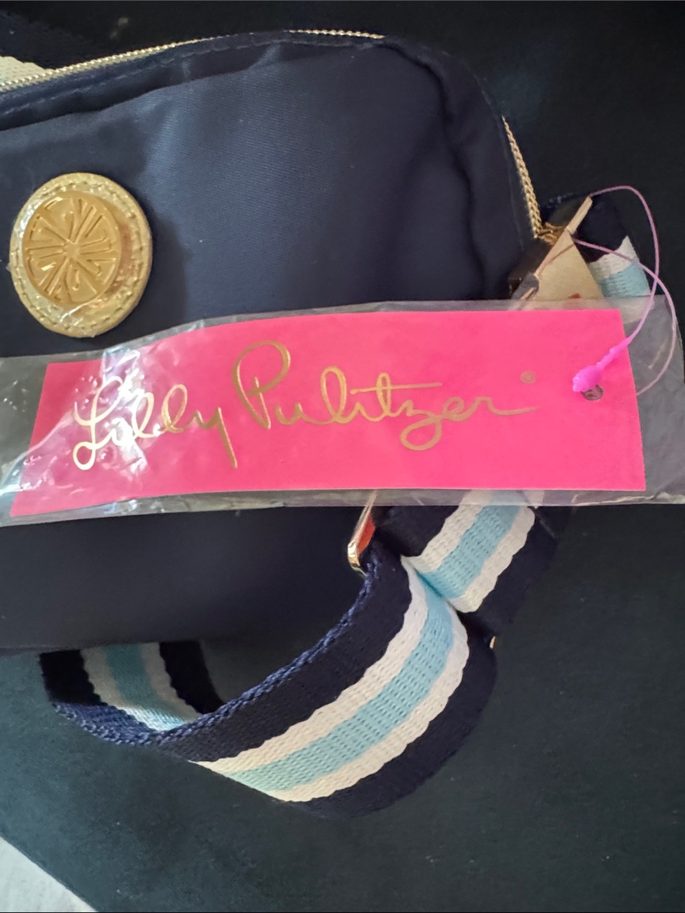 Lilly Pulitzer Navy Crossbody with Blue-White Striped Strap and Gold Medallion - Picture 4 of 7